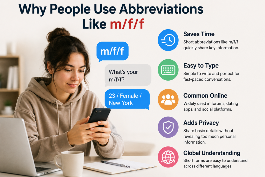A modern infographic showing a person using a smartphone with chat bubbles displaying "m/f/f" alongside icons representing time saving, easy typing, online communication, privacy, and global understanding, explaining why people use abbreviations in digital conversations.