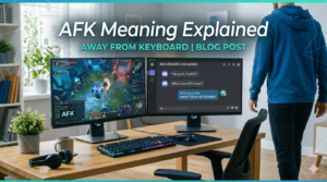 Person stepping away from a computer while an online chat shows AFK status