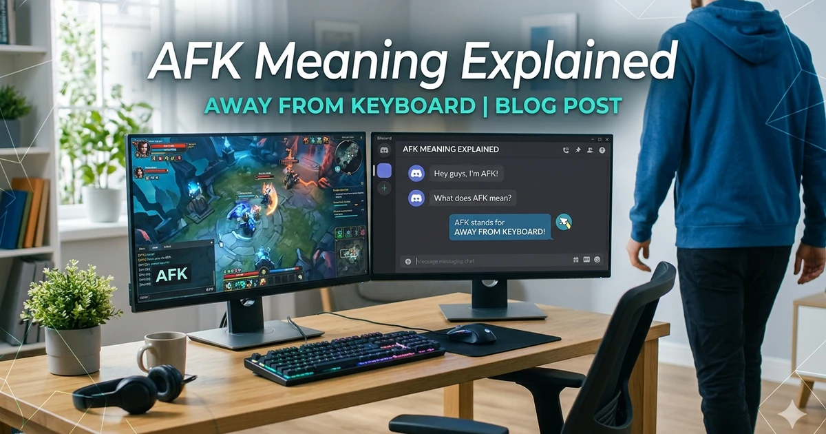 Person stepping away from a computer while an online chat shows AFK status
