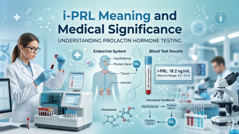 Medical illustration explaining i-PRL immunoreactive prolactin testing and hormone measurement
