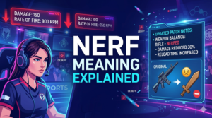 Gaming balance update showing a character and weapon receiving a nerf adjustment