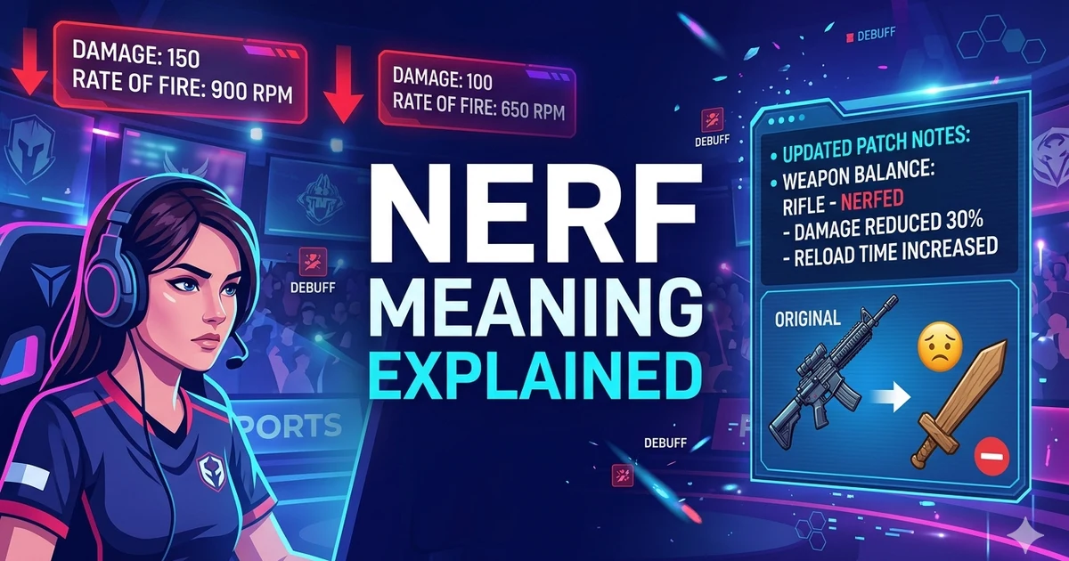 Gaming balance update showing a character and weapon receiving a nerf adjustment