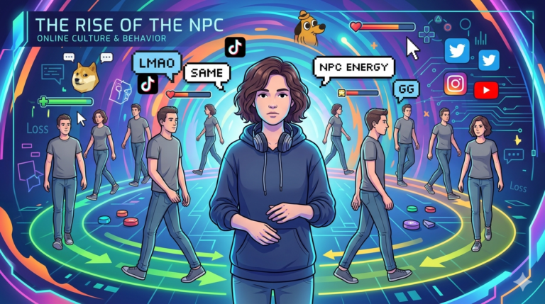 Illustration of an NPC character surrounded by identical figures representing the meaning of NPC in gaming and online slang.