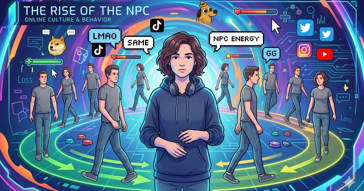 Illustration of an NPC character surrounded by identical figures representing the meaning of NPC in gaming and online slang.