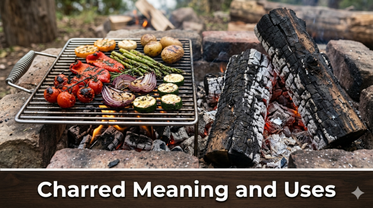 Charred vegetables and wood showing blackened surfaces caused by intense heat
