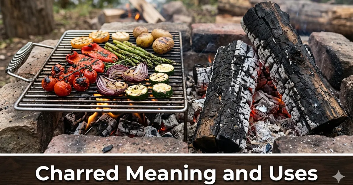 Charred vegetables and wood showing blackened surfaces caused by intense heat