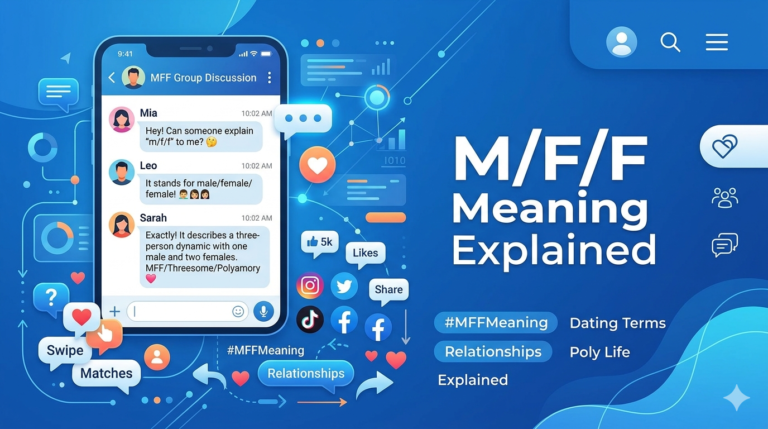 Illustration explaining the meaning of m/f/f in online dating and texting conversations