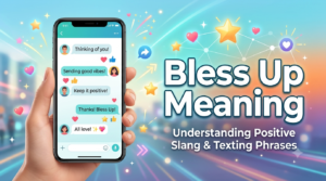 Person sending a text message that says bless up to celebrate good news