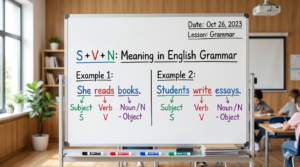 Student learning the s+v+n sentence structure in English grammar