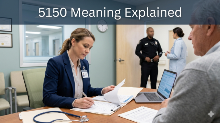 Mental health professional discussing a 5150 psychiatric evaluation process with a patient