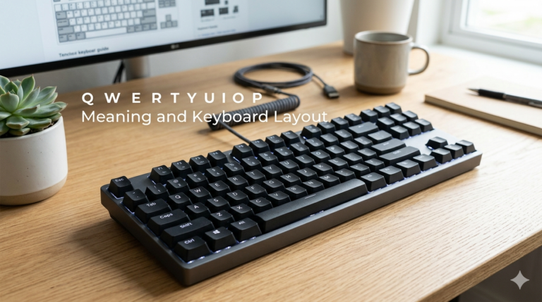 Standard computer keyboard showing the QWERTY top row with q w e r t y u i o p keys