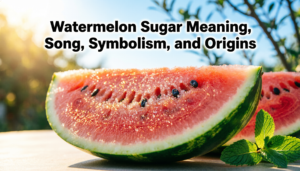 Colorful summer scene with sliced watermelon, sugar crystals, bright sunshine, and musical elements representing the meaning of watermelon sugar.