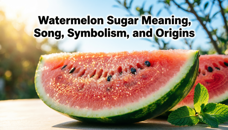 Colorful summer scene with sliced watermelon, sugar crystals, bright sunshine, and musical elements representing the meaning of watermelon sugar.