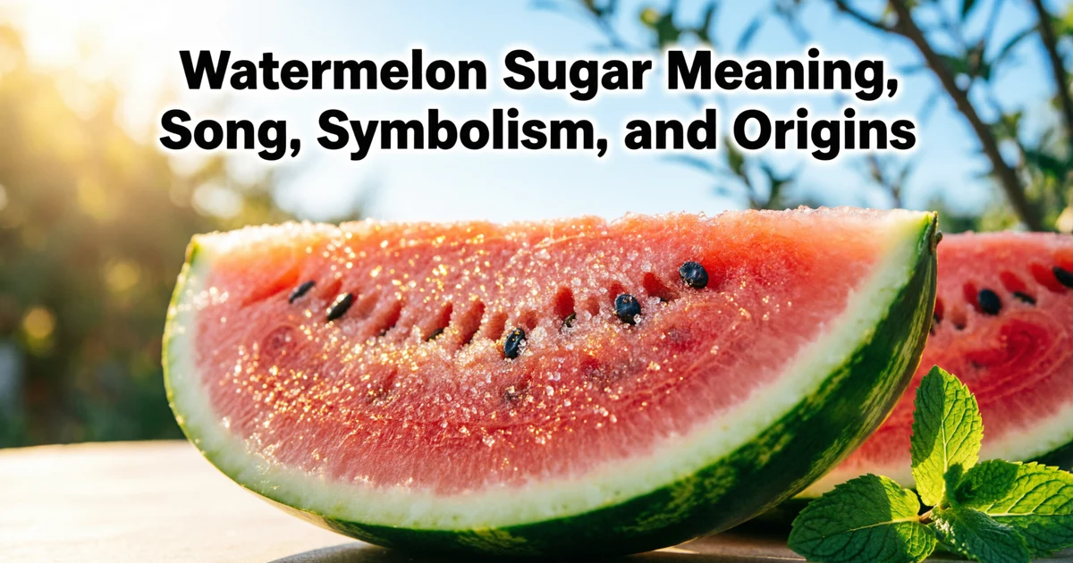 Colorful summer scene with sliced watermelon, sugar crystals, bright sunshine, and musical elements representing the meaning of watermelon sugar.
