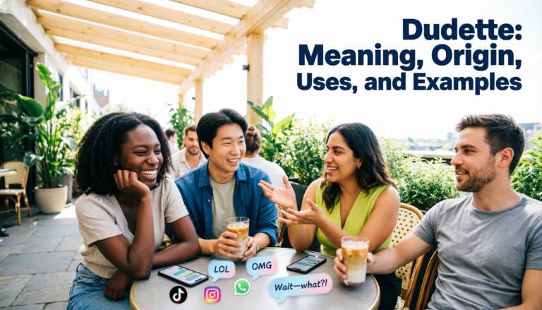 A modern blog header showing a diverse group of young adults chatting and laughing at an outdoor café with speech bubbles, social media icons, and text message graphics. The image features the title "Dudette: Meaning, Origin, Uses, and Examples" in bold typography, representing modern slang and everyday conversation.