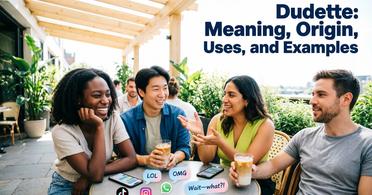 A modern blog header showing a diverse group of young adults chatting and laughing at an outdoor café with speech bubbles, social media icons, and text message graphics. The image features the title "Dudette: Meaning, Origin, Uses, and Examples" in bold typography, representing modern slang and everyday conversation.