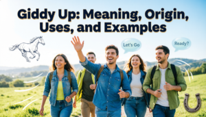 Illustration of friends excitedly heading out together representing the meaning of giddy up in everyday conversation.