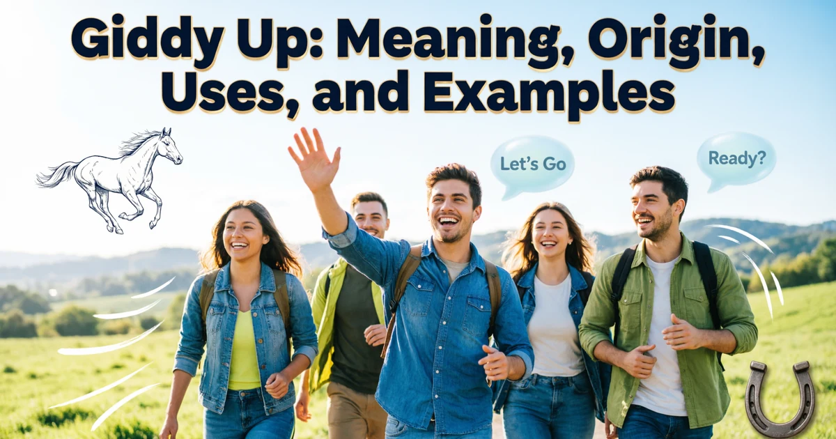 Illustration of friends excitedly heading out together representing the meaning of giddy up in everyday conversation.