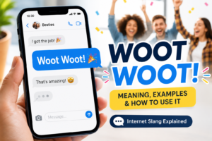 Person celebrating while typing woot woot in a chat message