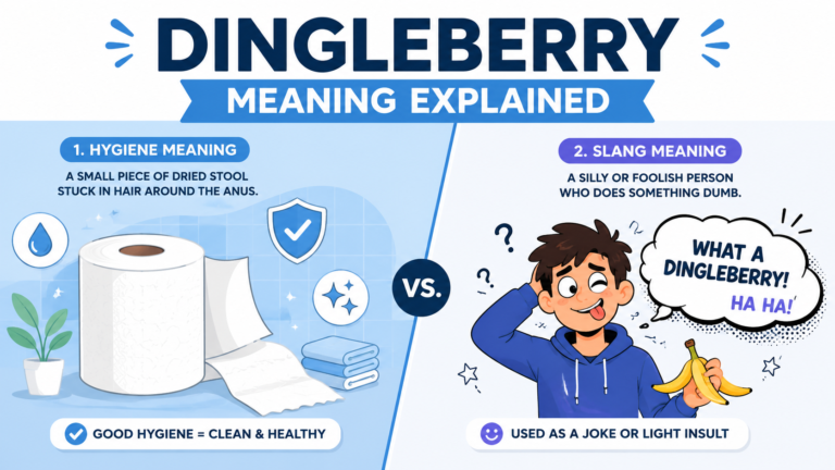 Illustration explaining the meaning of dingleberry with hygiene and slang examples.