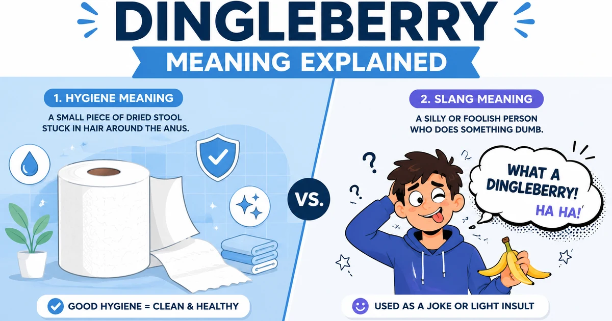 Illustration explaining the meaning of dingleberry with hygiene and slang examples.