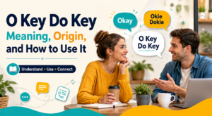 Illustration of two friends smiling while saying o key do key during a casual conversation.