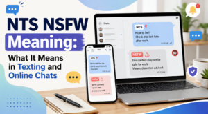 Person viewing online messages with an NSFW content warning and a digital note to self reminder.