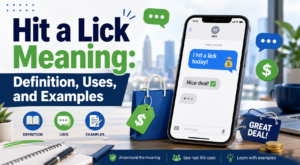 Illustration of people texting and discussing the slang phrase hit a lick with money and shopping themed icons.