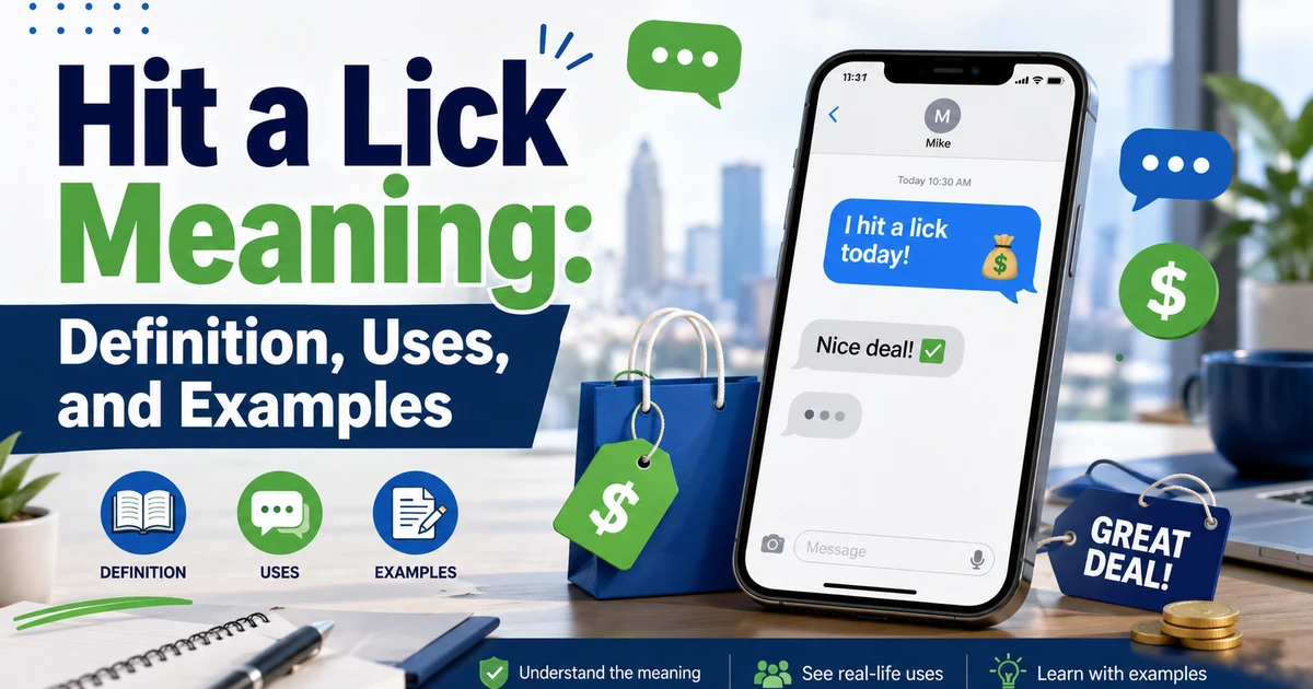 Illustration of people texting and discussing the slang phrase hit a lick with money and shopping themed icons.