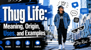 Modern illustration showing the meaning and cultural history of thug life with social media and music themed elements.