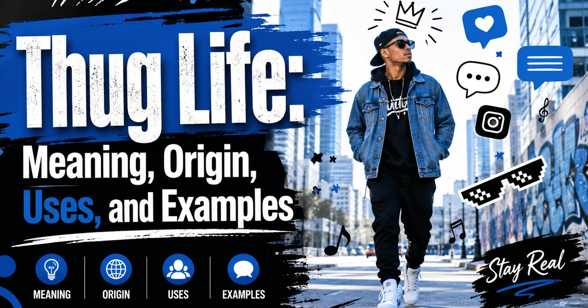 Modern illustration showing the meaning and cultural history of thug life with social media and music themed elements.