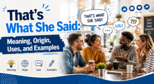 People laughing during a casual conversation illustrating the phrase that's what she said.