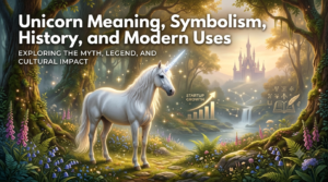 Illustration of a white unicorn standing in an enchanted forest with a glowing spiral horn.