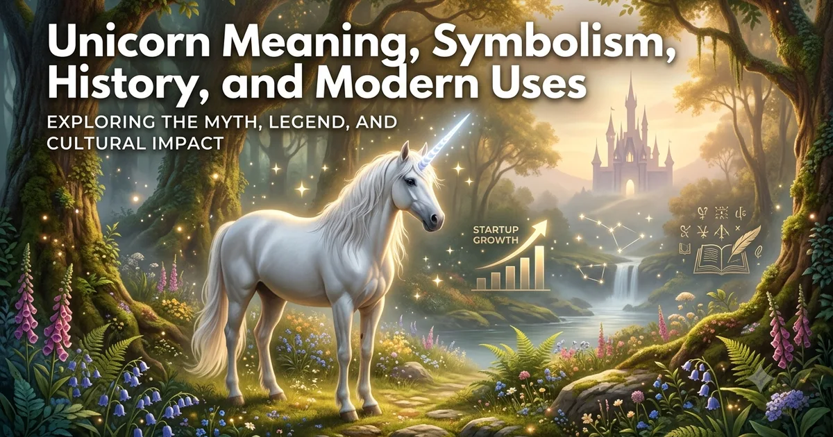 Illustration of a white unicorn standing in an enchanted forest with a glowing spiral horn.