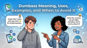 Illustration showing two people in conversation explaining the slang term dumbass and its everyday meaning.
