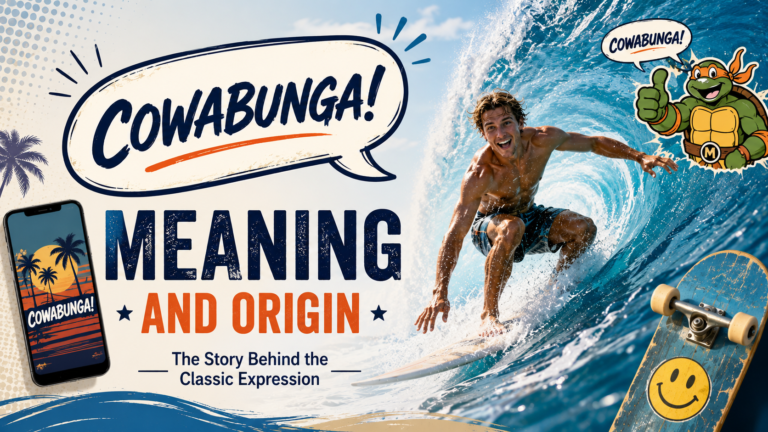Cowabunga meaning and origin with a surfer riding a wave