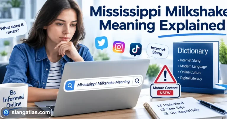 Person researching the meaning of Mississippi milkshake on a laptop with internet slang and social media icons in the background.