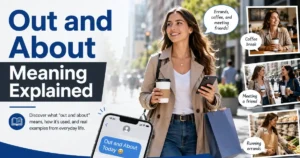 Out and about meaning explained with a person enjoying everyday activities outside