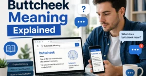 Buttcheek meaning explained with a person researching the word online