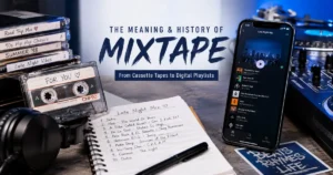 Mixtape concept showing curated music, cassette tape, headphones, and digital music elements