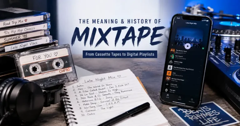 Mixtape concept showing curated music, cassette tape, headphones, and digital music elements