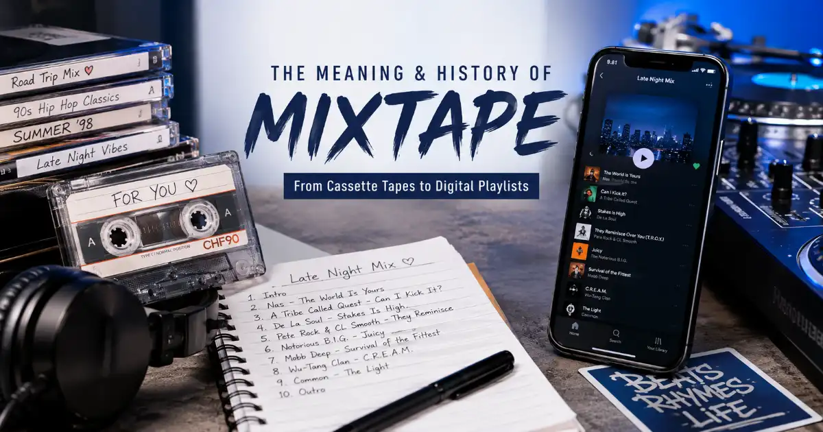Mixtape concept showing curated music, cassette tape, headphones, and digital music elements