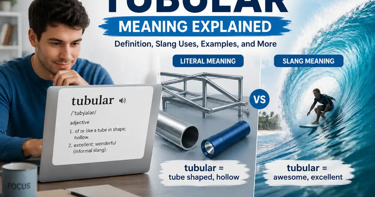 Tubular meaning explained with a dictionary definition, tube shaped object, and curling ocean wave representing its literal and slang uses.