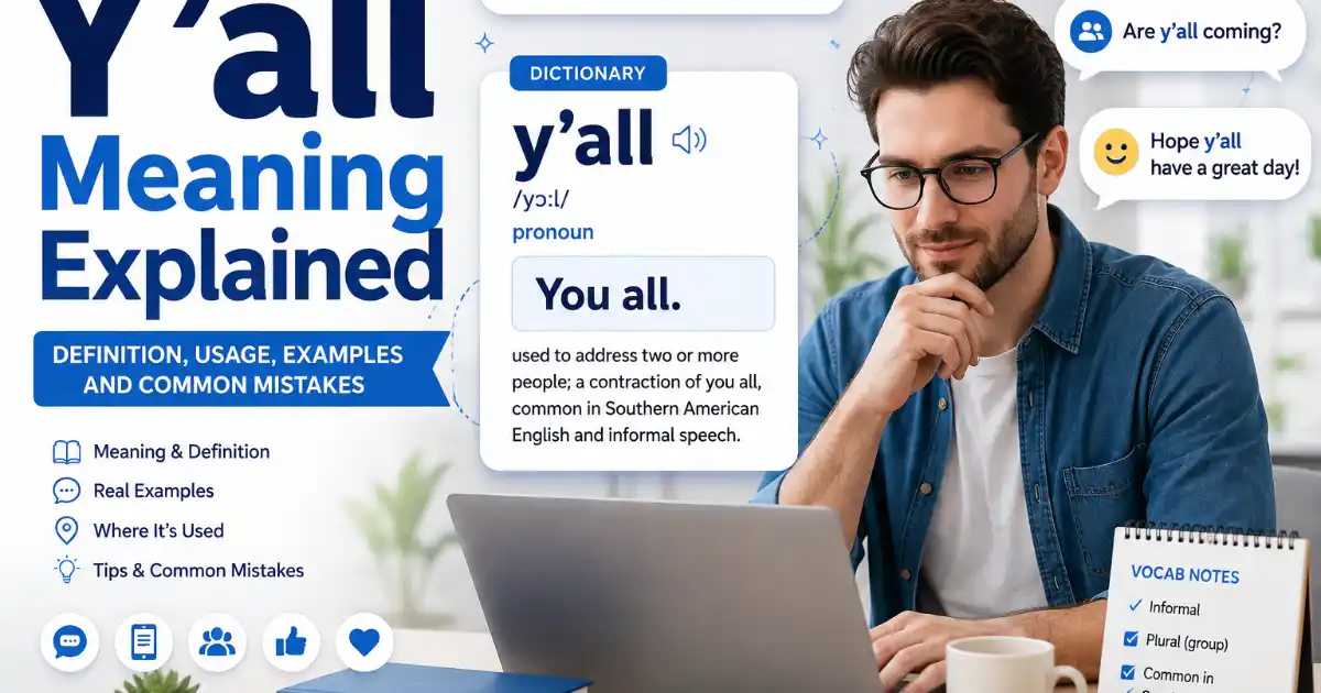 Person researching the meaning of y'all on a laptop with a dictionary definition