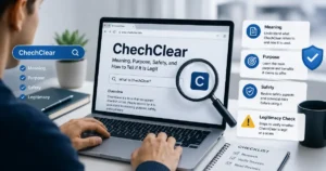 Person researching ChechClear meaning, purpose, safety, and legitimacy on a laptop with verification and safety icons.