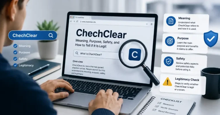 Person researching ChechClear meaning, purpose, safety, and legitimacy on a laptop with verification and safety icons.