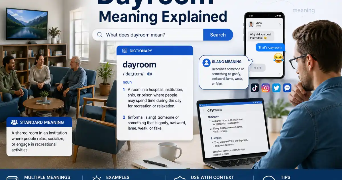 Dayroom meaning explained with a person researching the word on a laptop