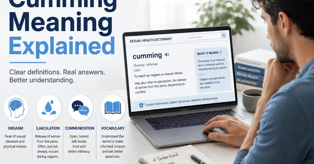 Cumming meaning explained with an educational sexual health vocabulary graphic