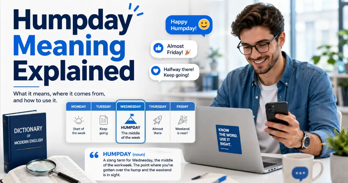 Humpday meaning explained with a Wednesday calendar, workplace setting, and casual social media message