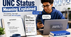 Unc status meaning explained with a person researching slang on a laptop